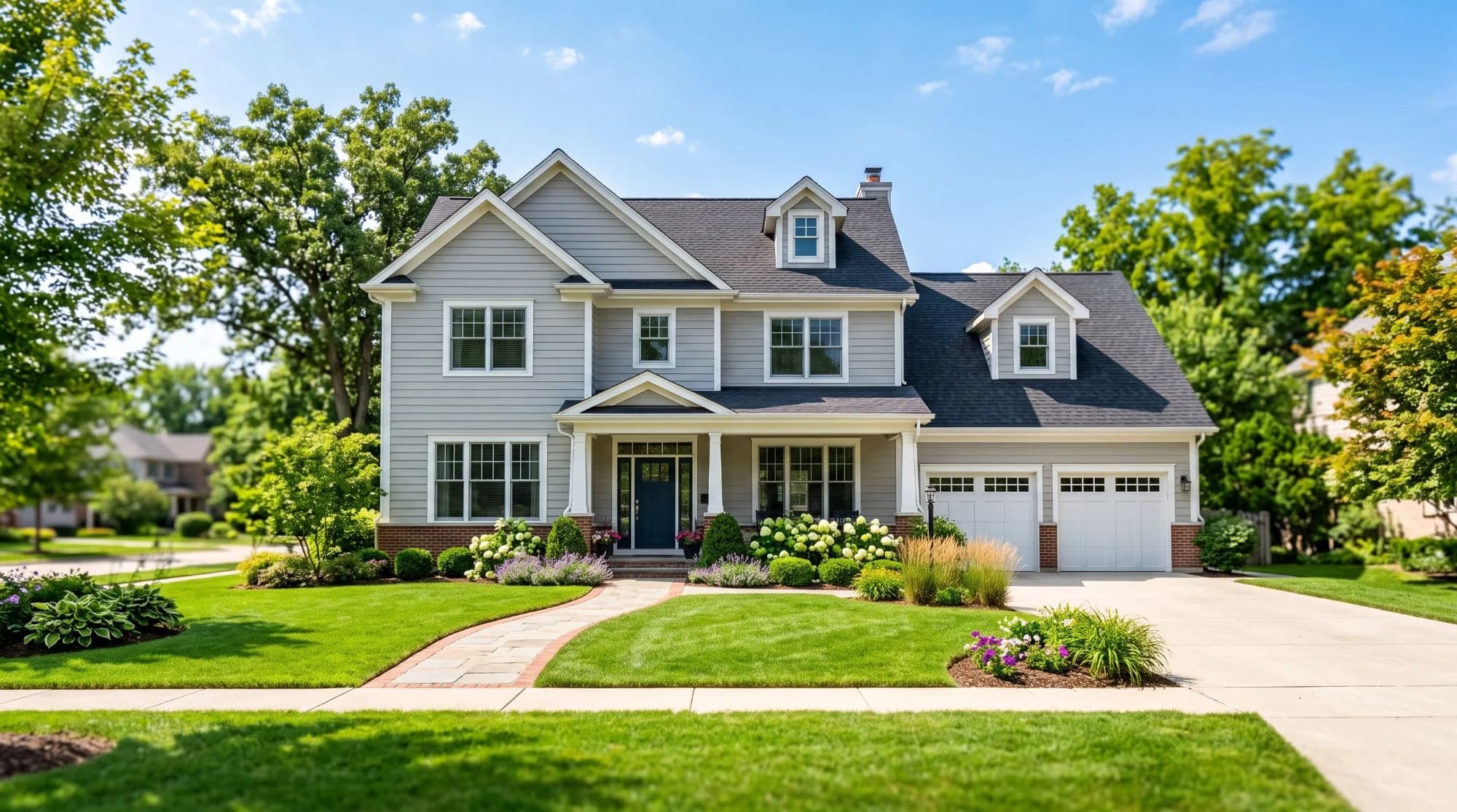 Real estate investment property Renovated suburban single-family investment property with manicured landscaping on a sunny day